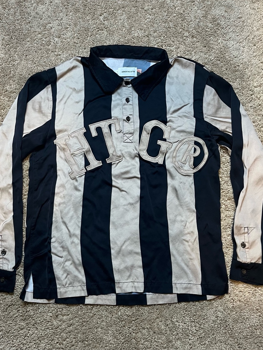Honor The Gift Black Tan Striped Long Sleeve Polo Shirt Mens Size Small